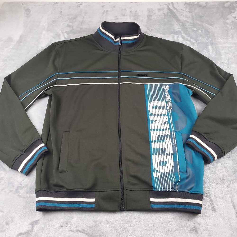 ECKO UNLTD Track Jacket Mens XL Gray Blue Spellout Y2K Vintage Knit Full Zip Y2K